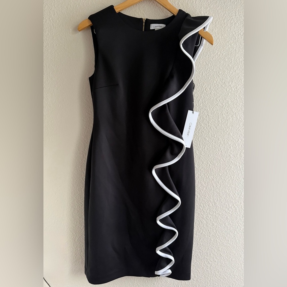 Calvin Klein Black Scuba Crepe Sheath Dress with White Trim Cascading Ruffle 4